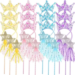 24 Pcs Princess Wands Party Favors Glitter Star Fairy Wands Sequin Princess Crown Headbands for Girls Birthday Party Gifts
