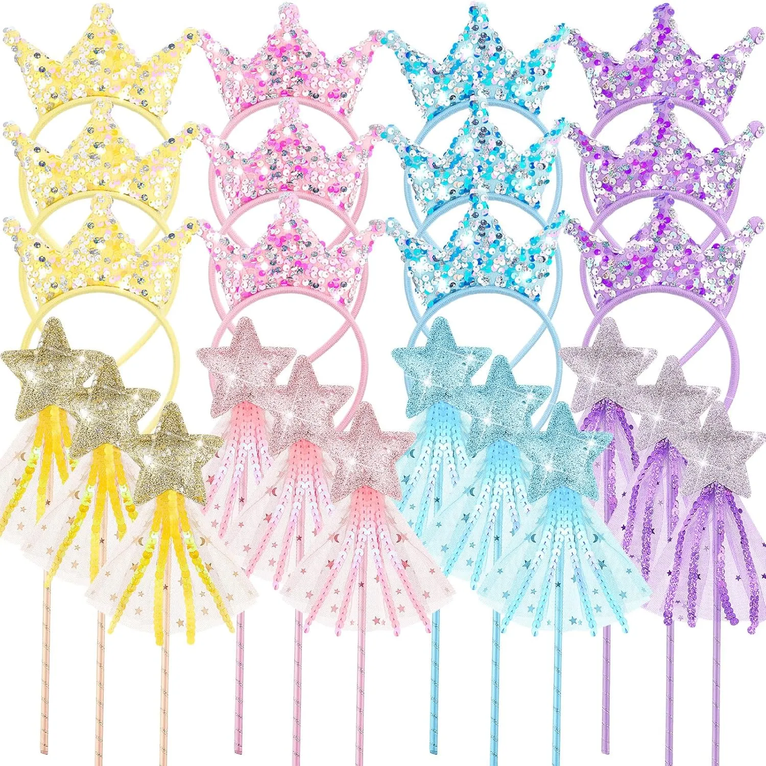 24 Pcs Princess Wands Party Favors Glitter Star Fairy Wands Sequin Princess Crown Headbands for Girls Birthday Party Gifts