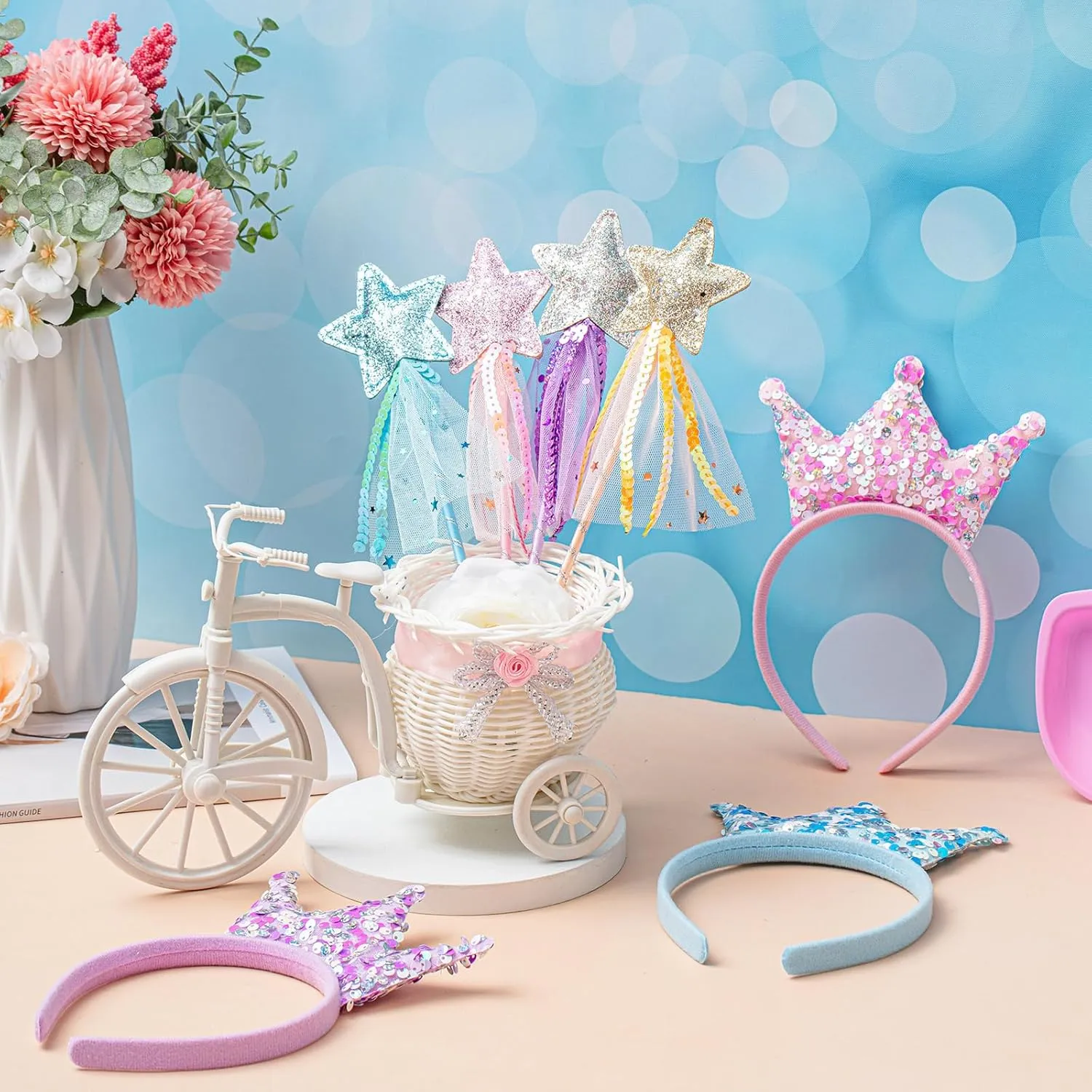 24 Pcs Princess Wands Party Favors Glitter Star Fairy Wands Sequin Princess Crown Headbands for Girls Birthday Party Gifts