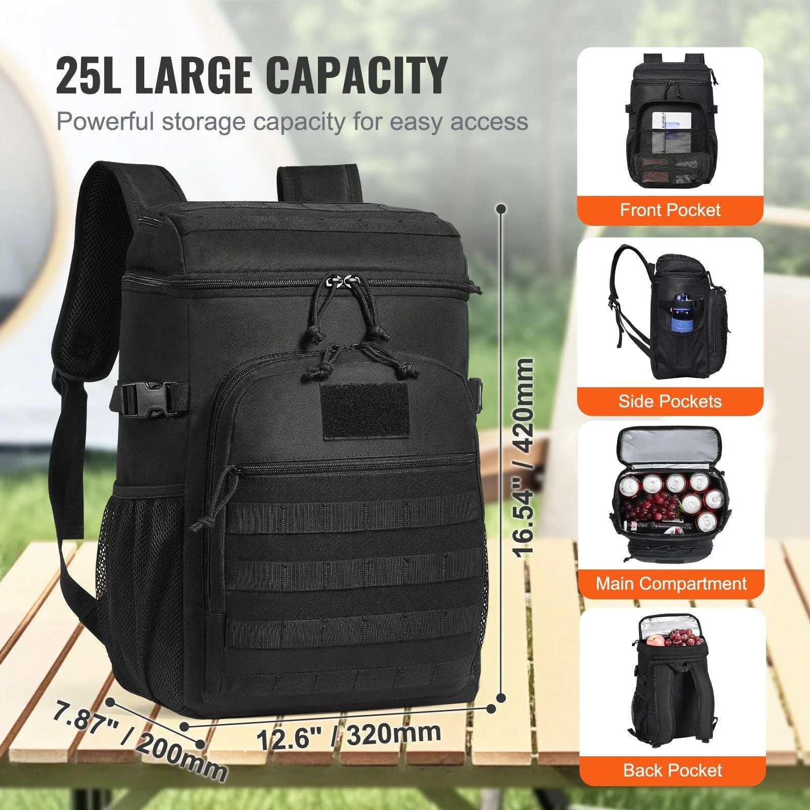 25L Insulated Lunch Bag with Molle Design and Multi-Pocket, 600D Cooler Lunch Box with Removable Storage Bags