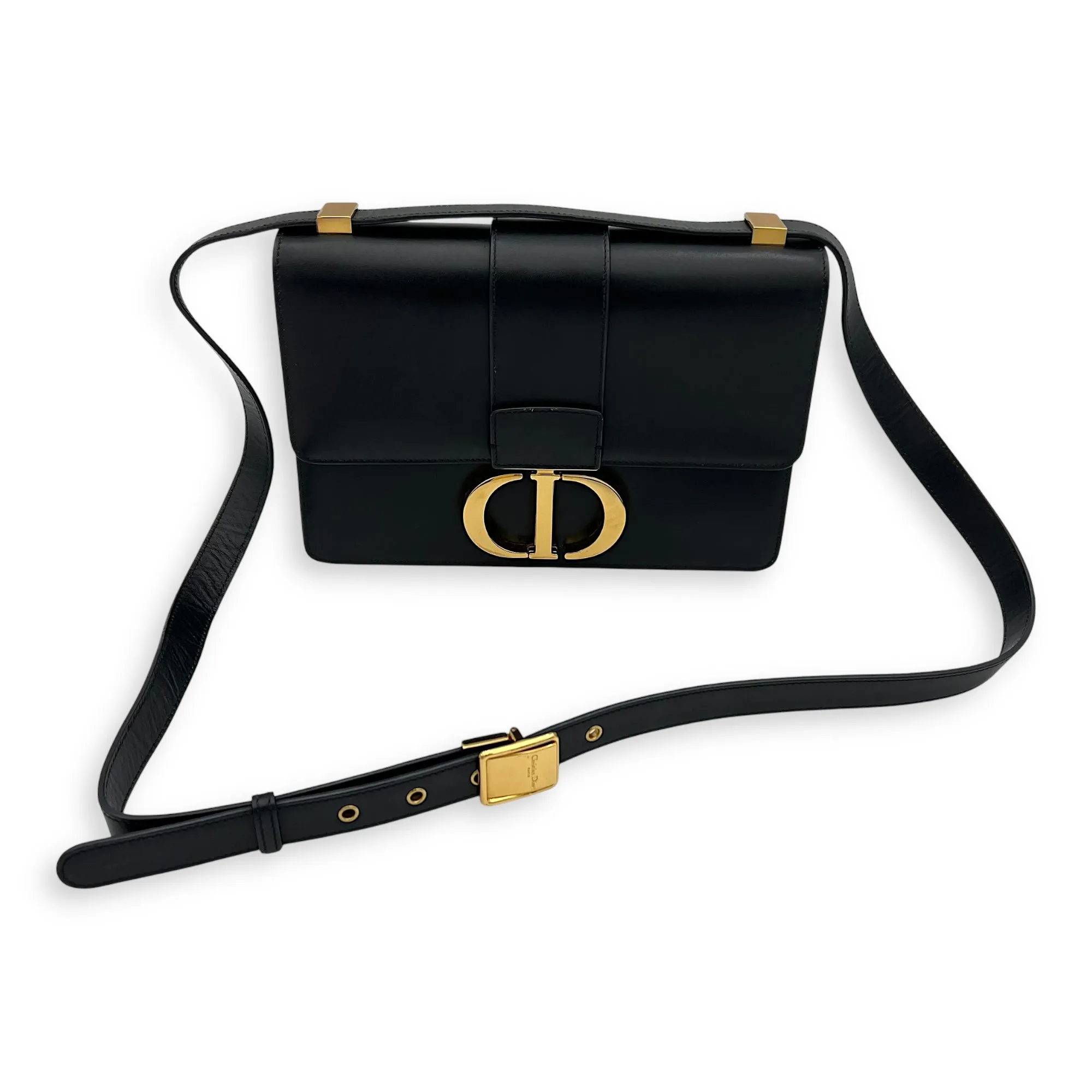 30 Montaigne Medium Black Crossbody Bag in Calfskin, Gold hardware