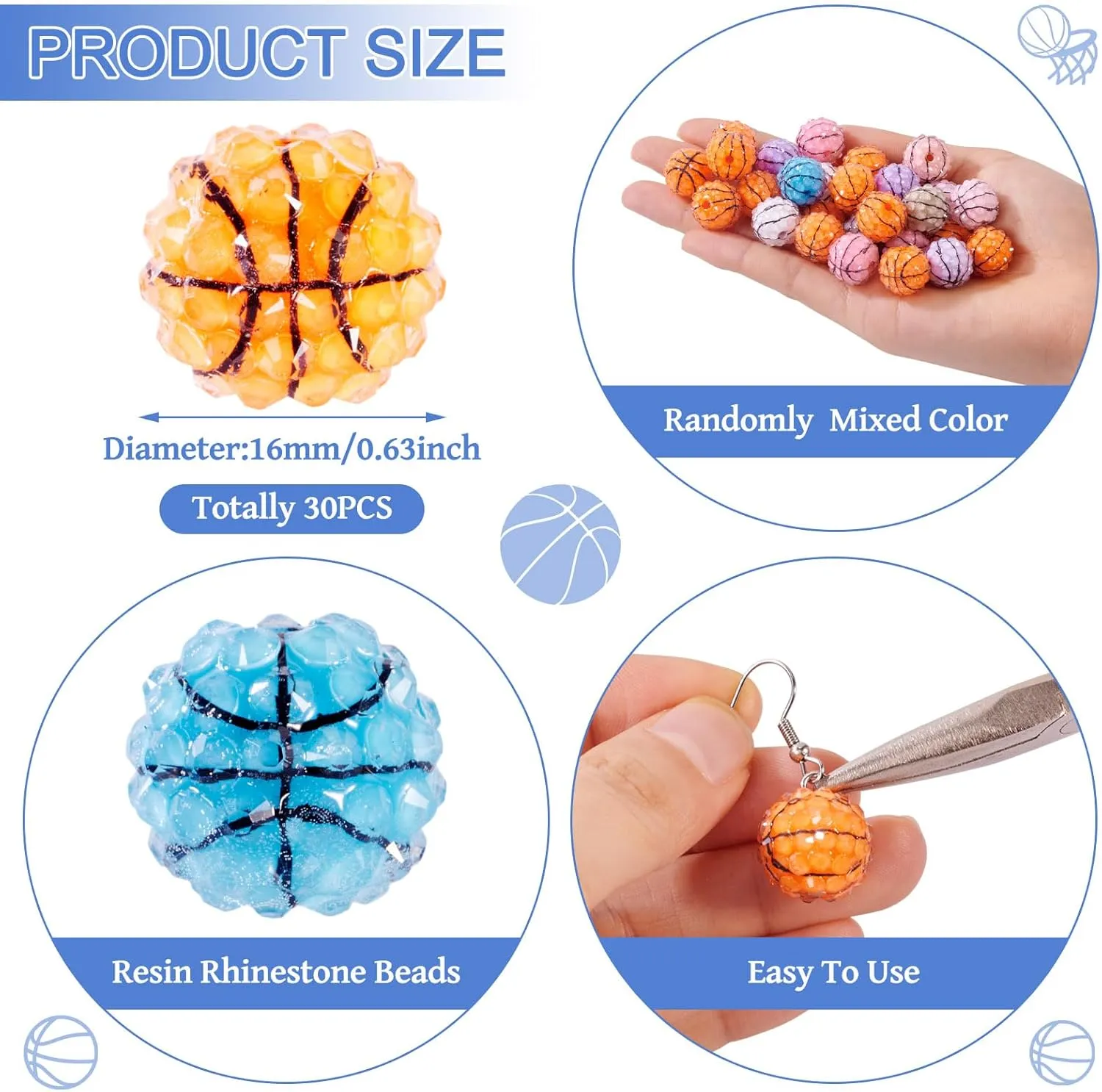 30 Pcs 16 mm Bubblegum Chunky Beads for Pen Polymer Clay Rhinestone Beads Bling Crystal Basketball Beads for Bracelet Jewelry Making DIY Keychain Lanyards Bag Chains Supplies