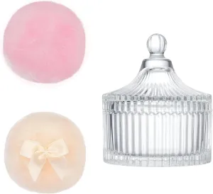 3pcs Set Of Practical Large Velours Powders Puff In Stylish Glass Holder For Home Or Professional Use