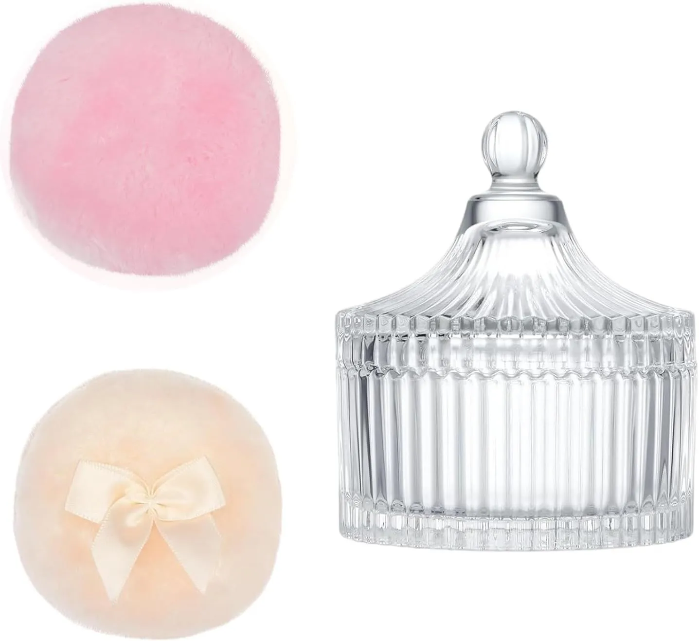 3pcs Set Of Practical Large Velours Powders Puff In Stylish Glass Holder For Home Or Professional Use