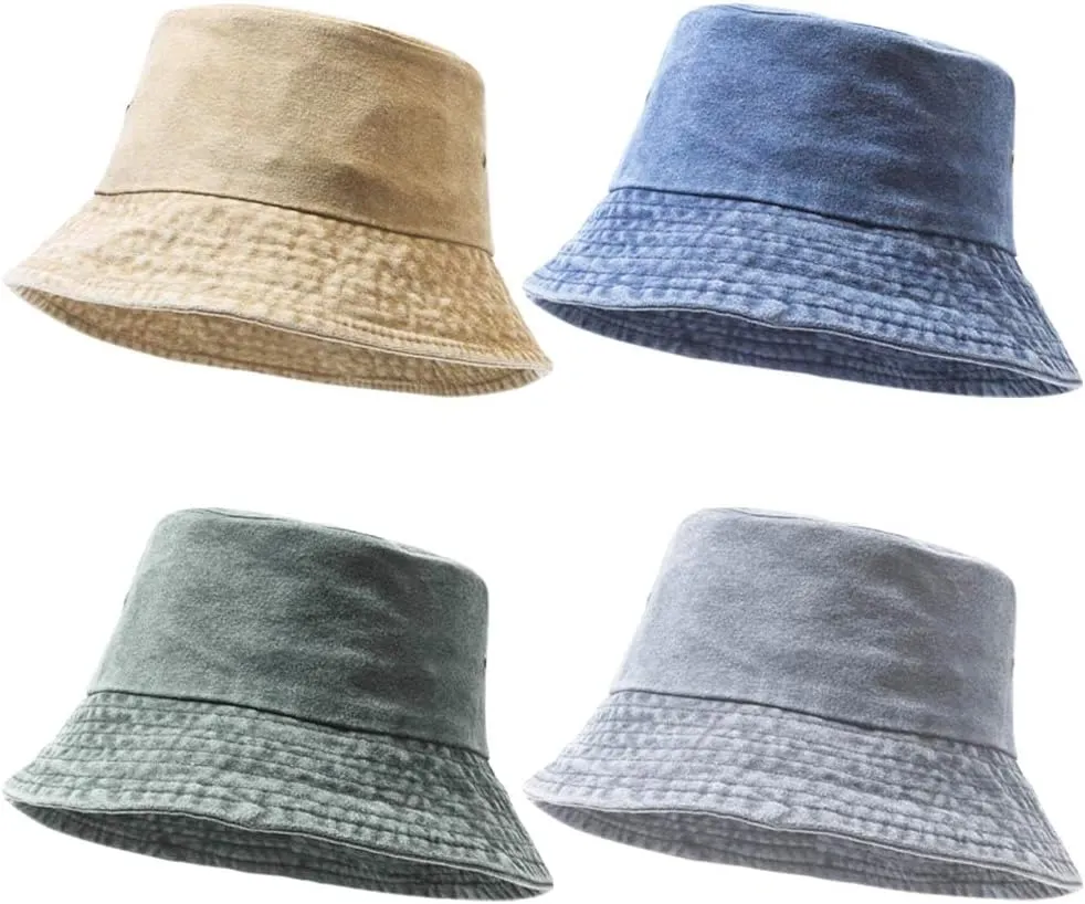 4 Pieces Washed Cotton Bucket Hats Packable Summer Outdoor Fisherman Cap Travel Beach Sun Hat Fishing Hat for Men Women