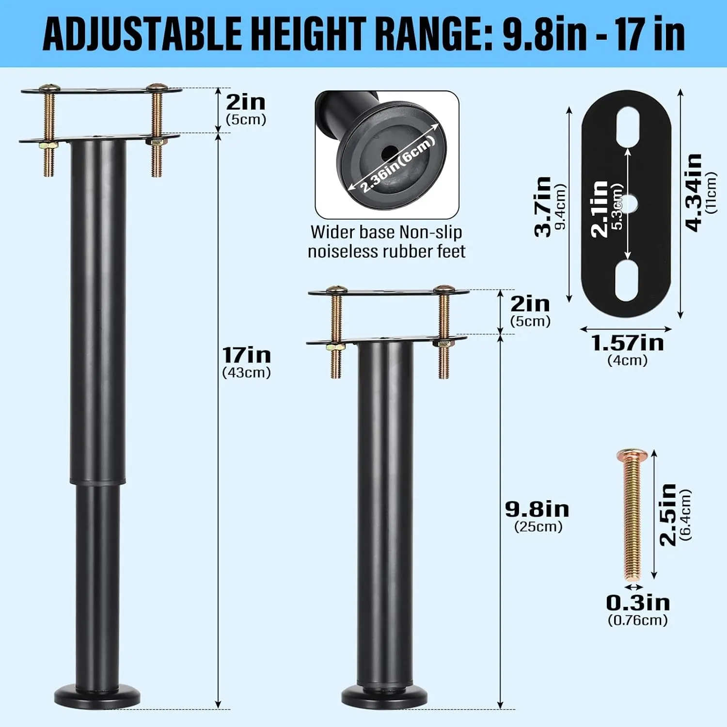 4pcs Adjustable Bed Frame Support Legs 10"-17" Heavy Duty Metal Bed Center Slat Support Legs, Black