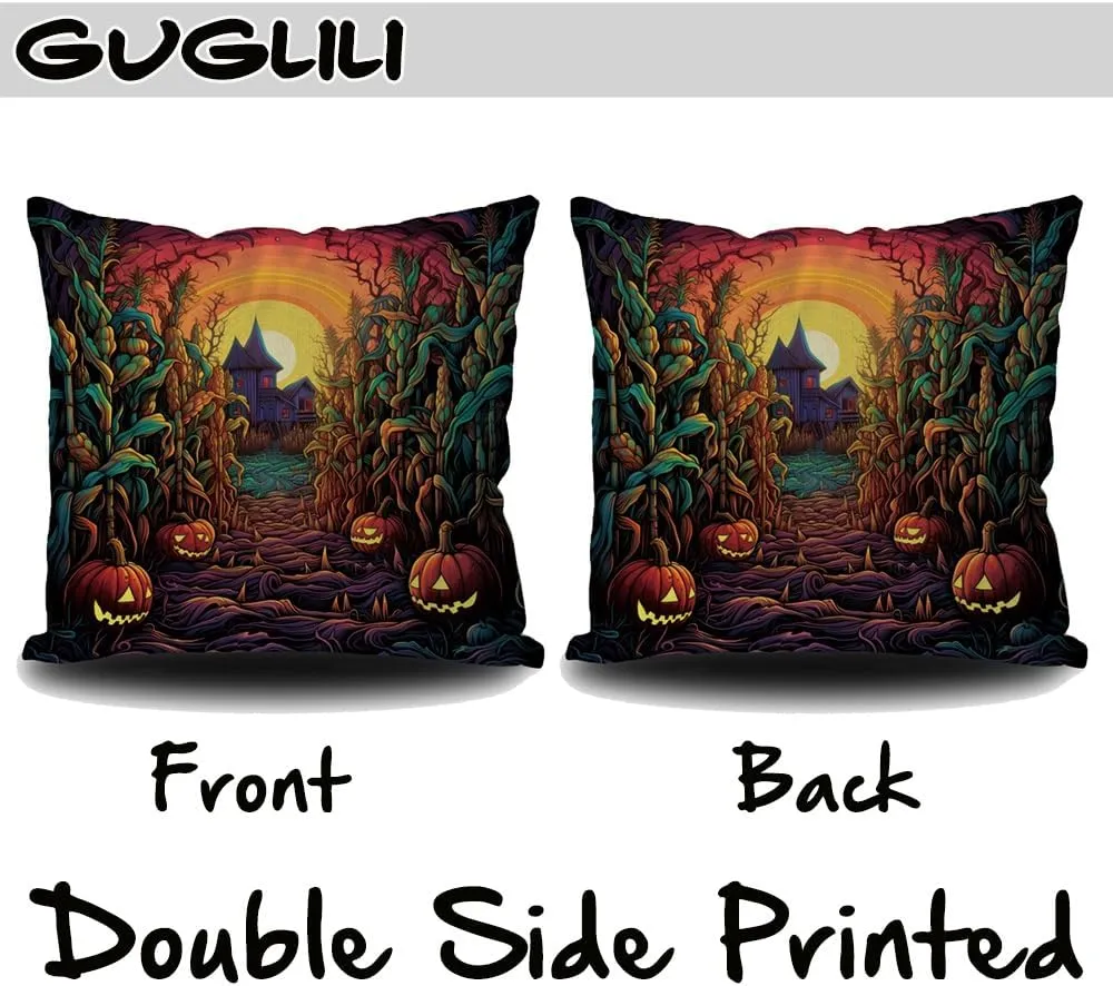 4Pcs Halloween Throw Pillow Covers 18x18 Inch Haunting Haunted Halloween Zombie Walk Throw Pillow Case Linen Square Cushion Covers for Horror Theme Party Decor Living Room Decor