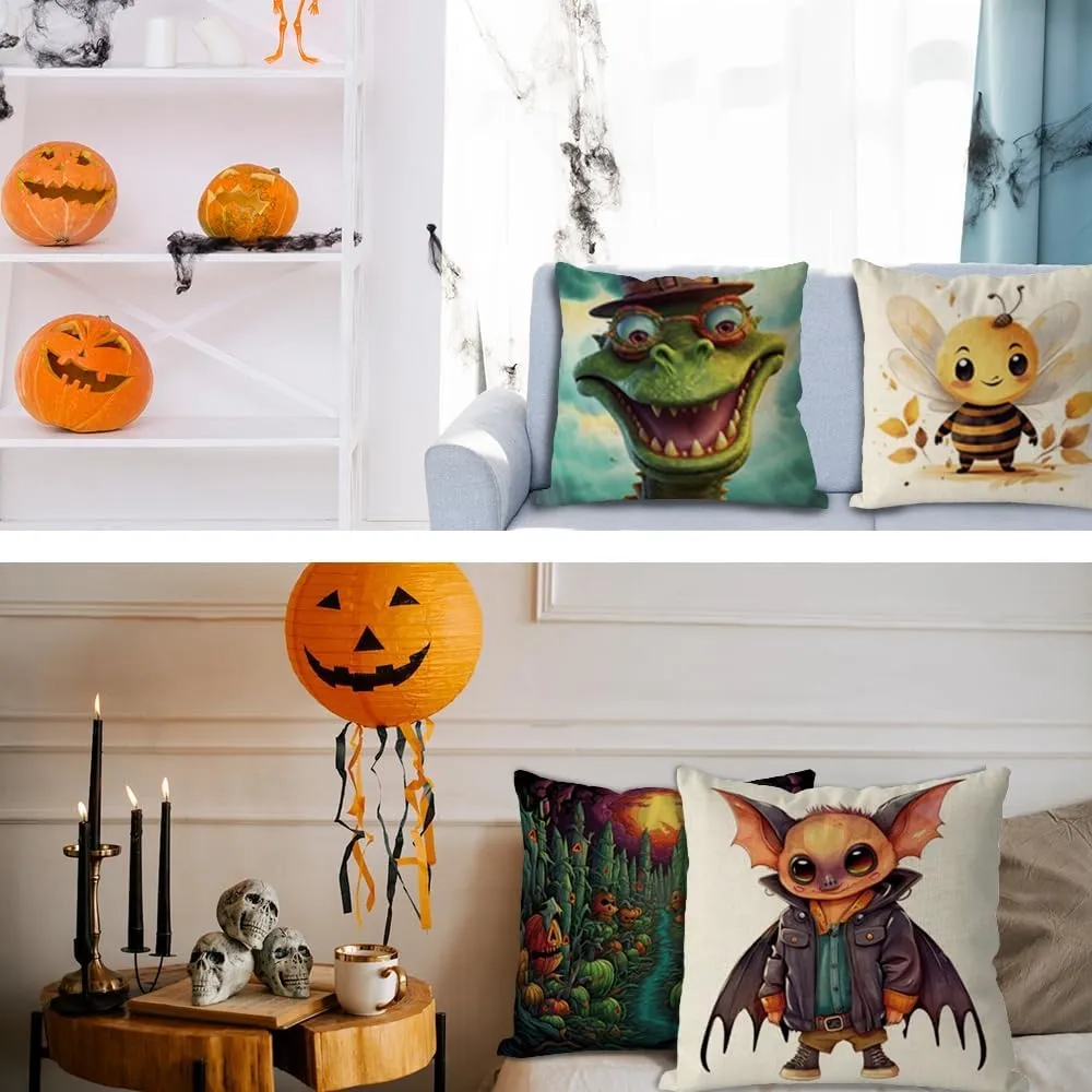 4Pcs Halloween Throw Pillow Covers 18x18 Inch Haunting Haunted Halloween Zombie Walk Throw Pillow Case Linen Square Cushion Covers for Horror Theme Party Decor Living Room Decor