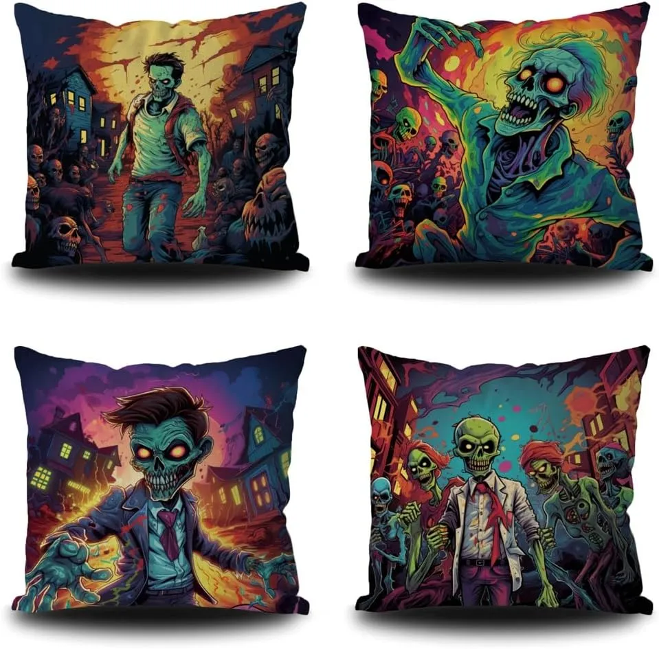 4Pcs Halloween Throw Pillow Covers 18x18 Inch Haunting Haunted Halloween Zombie Walk Throw Pillow Case Linen Square Cushion Covers for Horror Theme Party Decor Living Room Decor