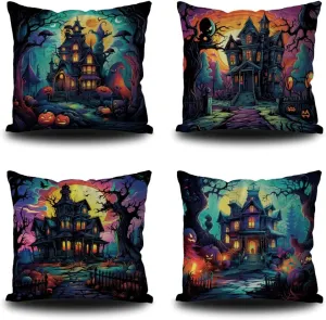 4Pcs Halloween Throw Pillow Covers 18x18 Inch Menacing Haunted Halloween Haunted Mansion Tour Throw Pillow Case Linen Square Cushion Covers for Horror Theme Party Decor Living Room Decor