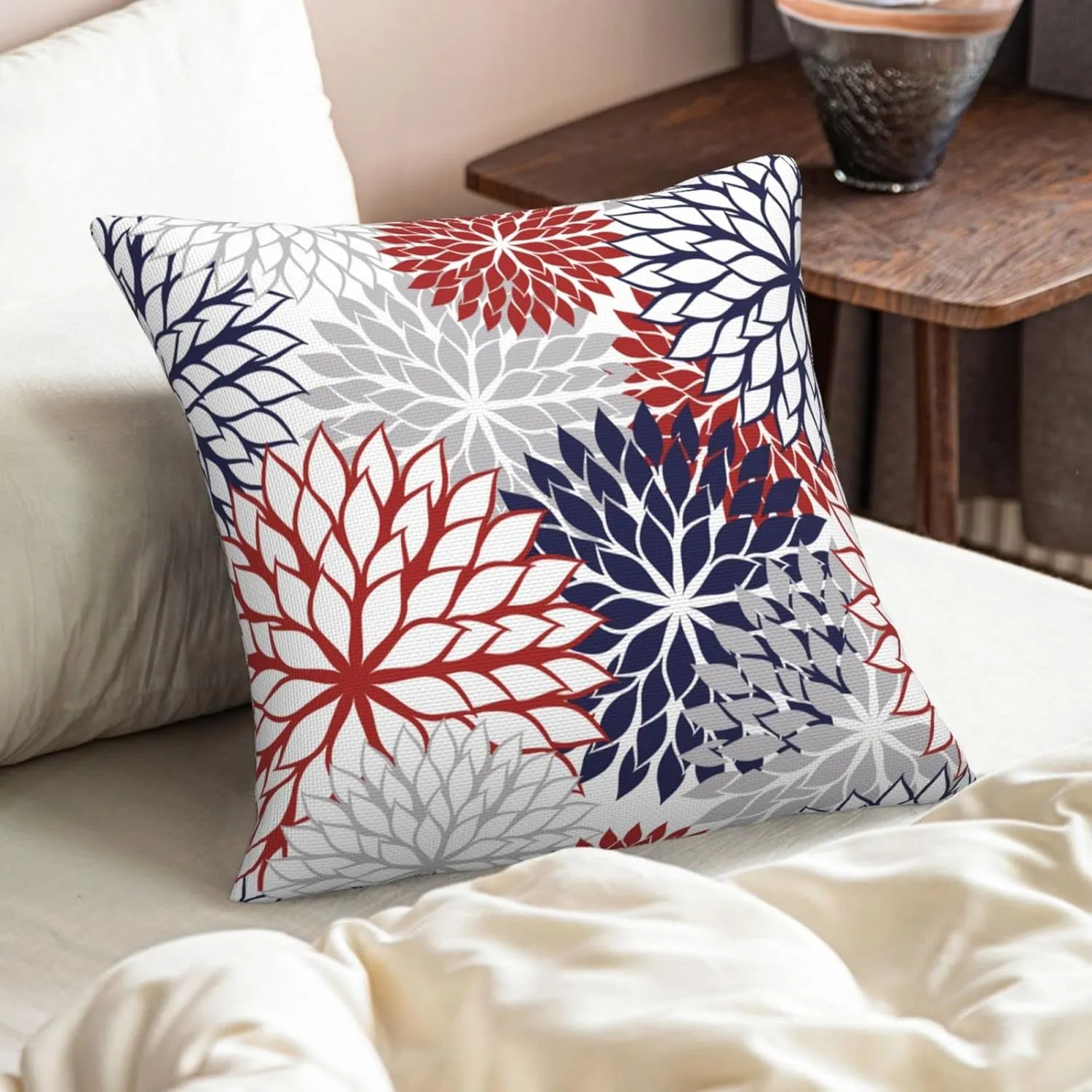 4th of July Pillow Covers 18x18 Inch Patriotic Navy Blue and Red Dahlia Flower Throw Pillows Cover Set of 2 Farmhouse Geometric Decorative Pillowcase for Outdoor Bed Couch Sofa Decor