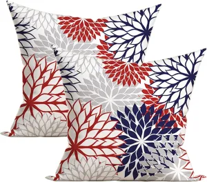 4th of July Pillow Covers 18x18 Inch Patriotic Navy Blue and Red Dahlia Flower Throw Pillows Cover Set of 2 Farmhouse Geometric Decorative Pillowcase for Outdoor Bed Couch Sofa Decor