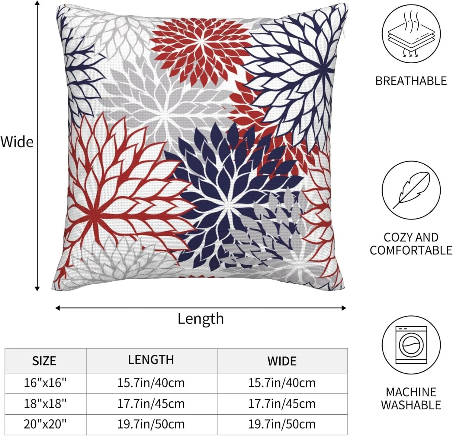 4th of July Pillow Covers 18x18 Inch Patriotic Navy Blue and Red Dahlia Flower Throw Pillows Cover Set of 2 Farmhouse Geometric Decorative Pillowcase for Outdoor Bed Couch Sofa Decor