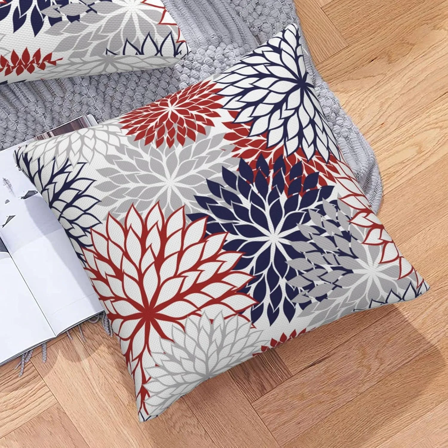 4th of July Pillow Covers 18x18 Inch Patriotic Navy Blue and Red Dahlia Flower Throw Pillows Cover Set of 2 Farmhouse Geometric Decorative Pillowcase for Outdoor Bed Couch Sofa Decor