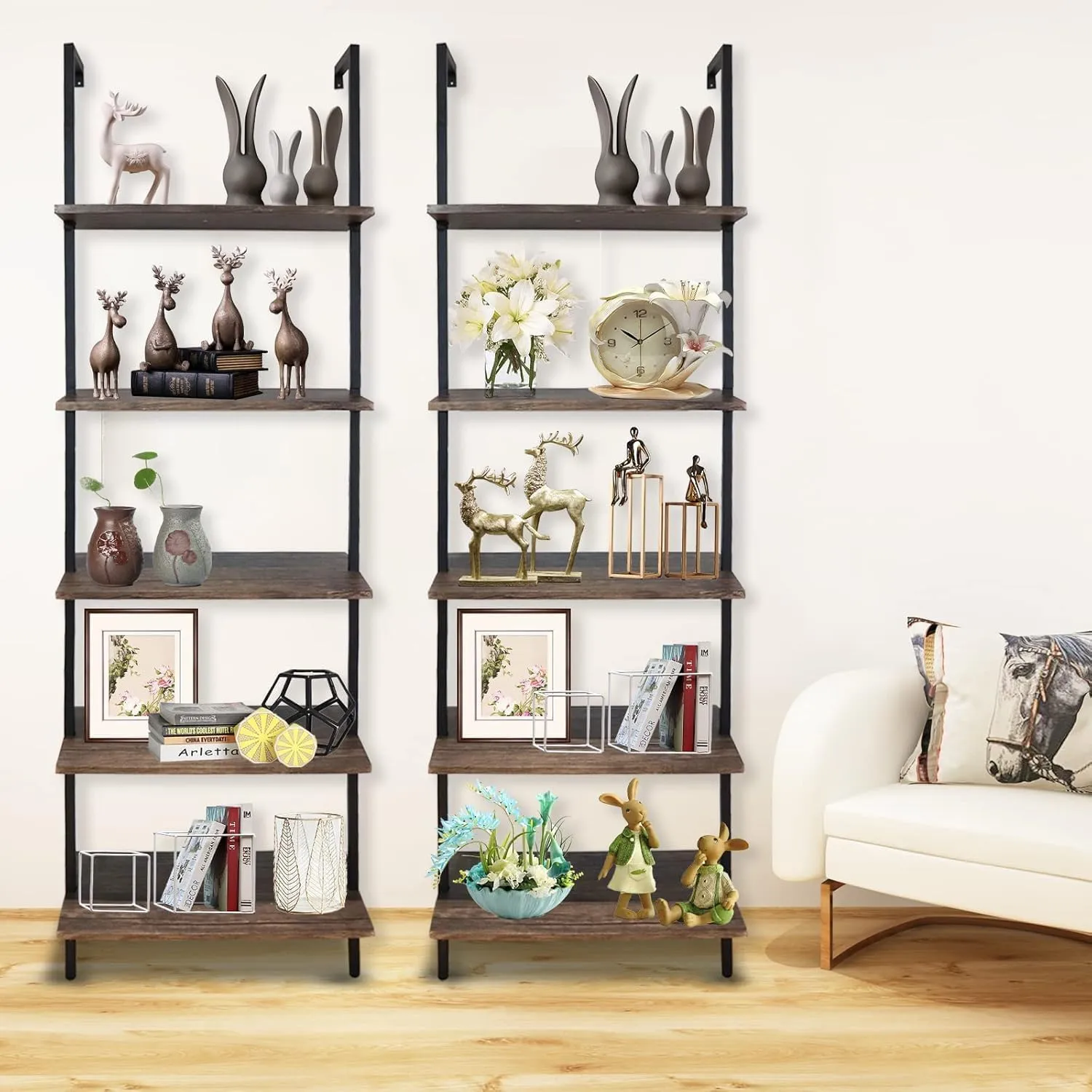 5 Tiers Ladder Shelf Brown Modern Bookshelf Open Tall Wall Mount Bookcase Standing Leaning Wall Shelves Industrial Decorative Living Room Bed Room