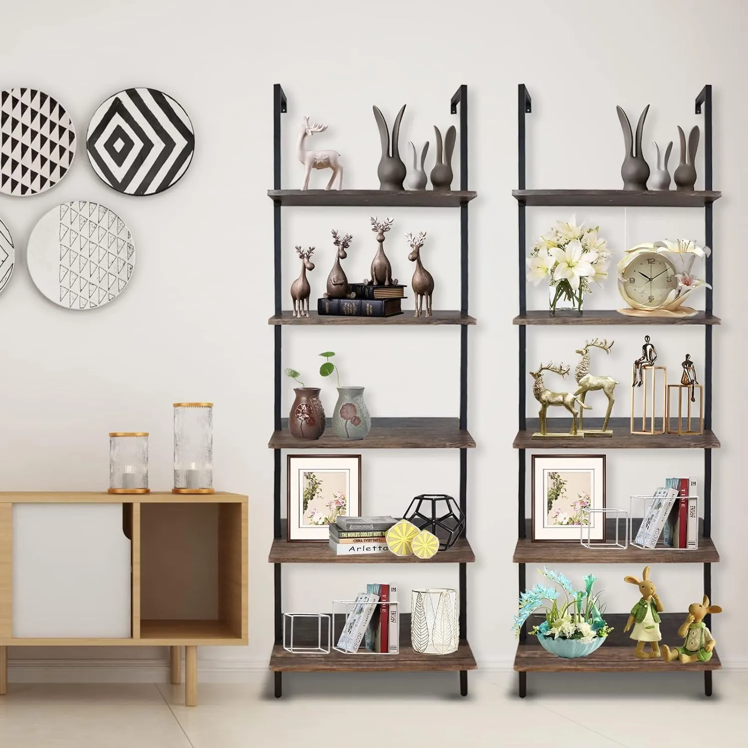 5 Tiers Ladder Shelf Brown Modern Bookshelf Open Tall Wall Mount Bookcase Standing Leaning Wall Shelves Industrial Decorative Living Room Bed Room