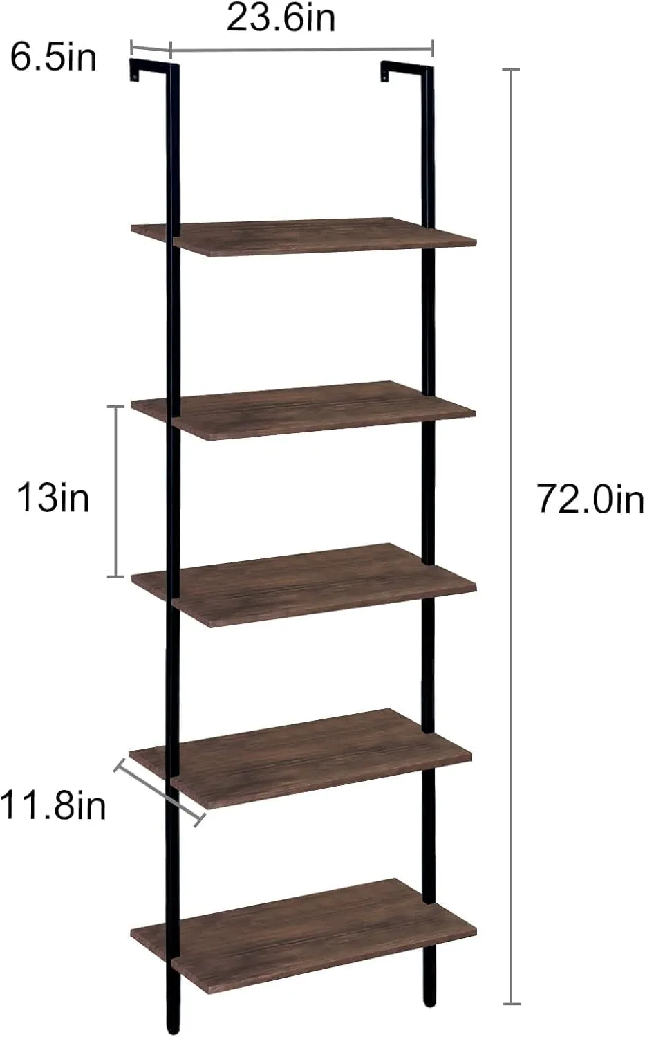 5 Tiers Ladder Shelf Brown Modern Bookshelf Open Tall Wall Mount Bookcase Standing Leaning Wall Shelves Industrial Decorative Living Room Bed Room