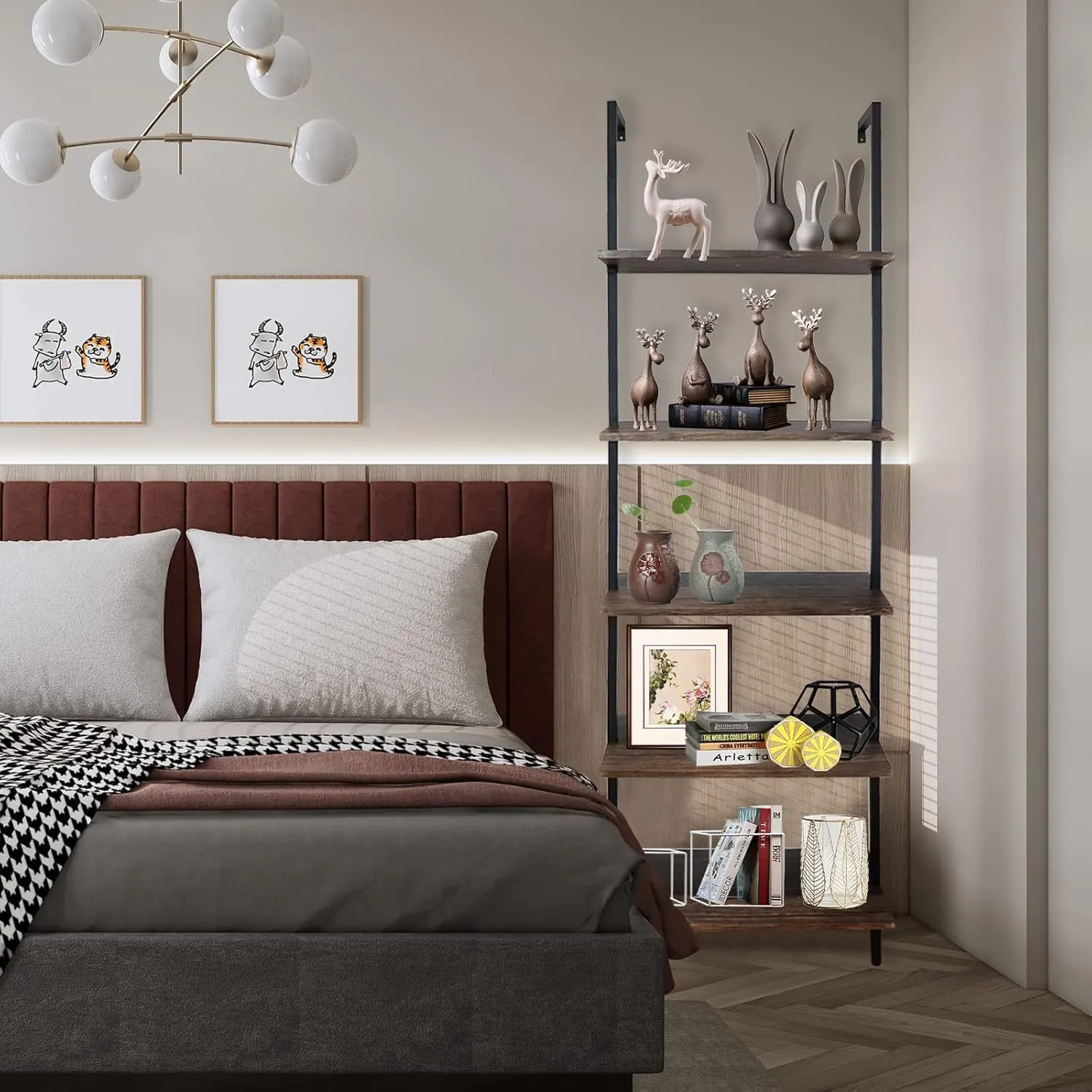 5 Tiers Ladder Shelf Brown Modern Bookshelf Open Tall Wall Mount Bookcase Standing Leaning Wall Shelves Industrial Decorative Living Room Bed Room