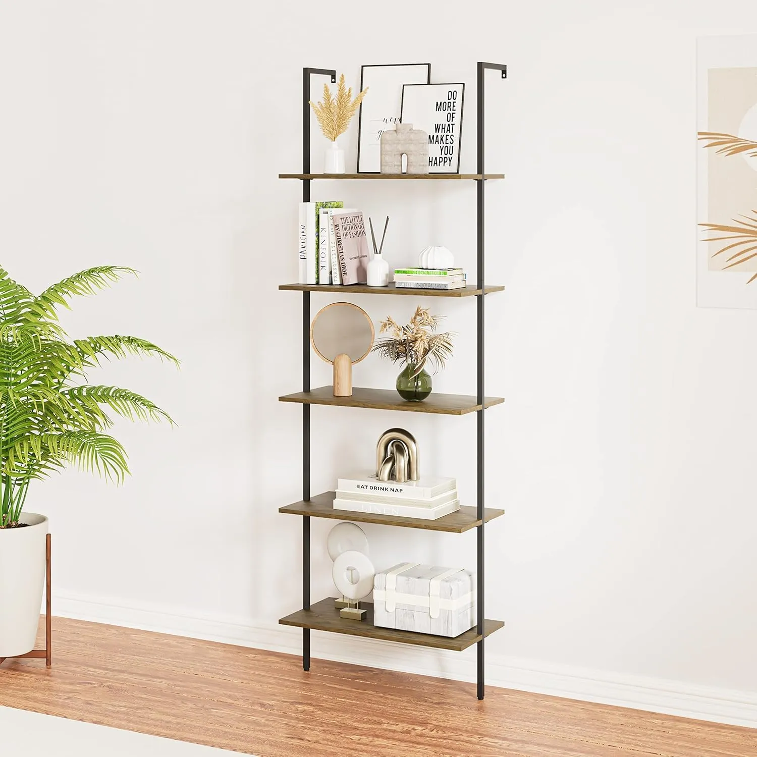 5 Tiers Ladder Shelf Brown Modern Bookshelf Open Tall Wall Mount Bookcase Standing Leaning Wall Shelves Industrial Decorative Living Room Bed Room