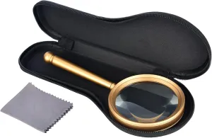 5X Magnifying Glass with Storage Case Gold Handheld Magnifier with Optical GlassLens Classic Brass Metal Magnifying Glass for Kids and Seniors Low Vision Reading Prints Coins (90mm)