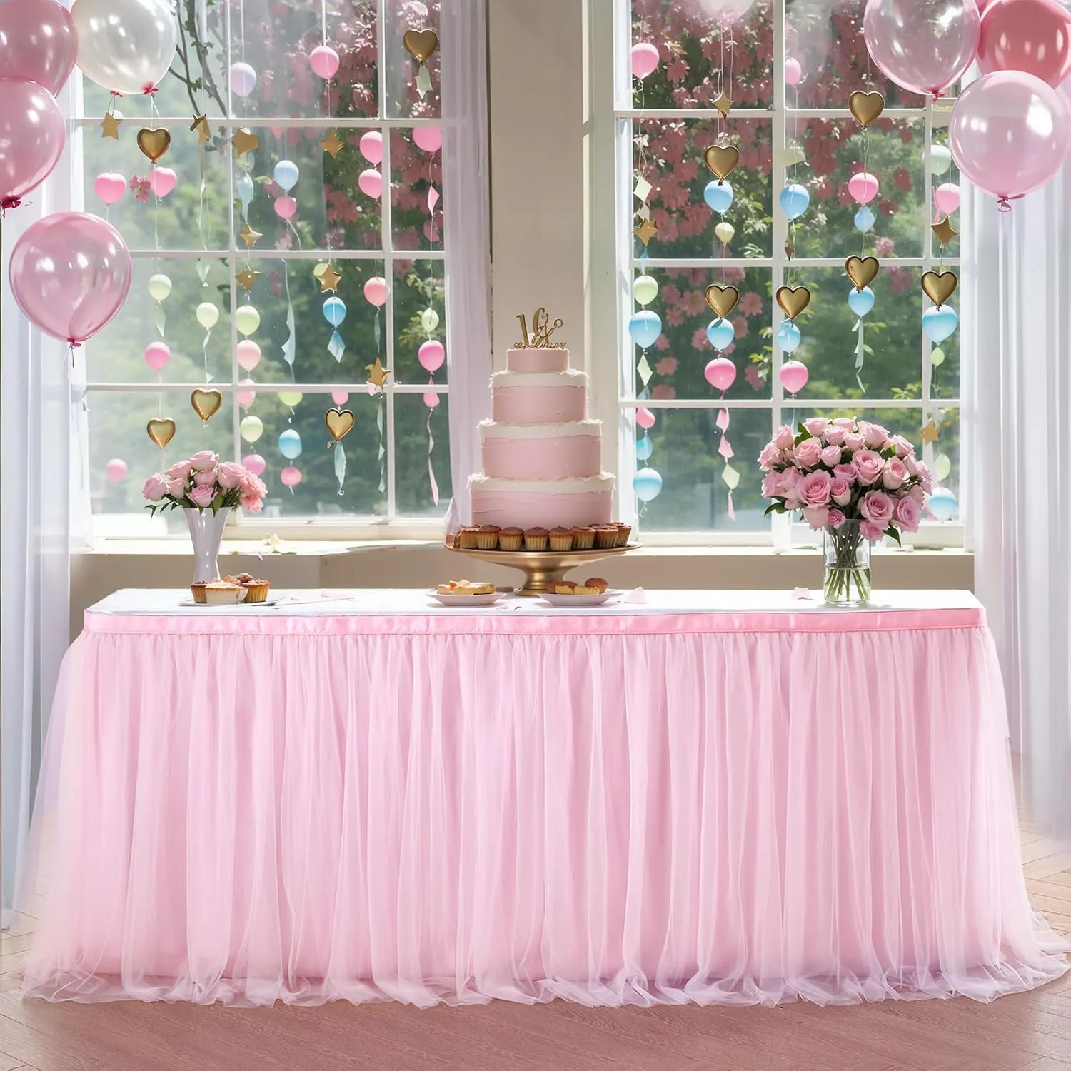 6ft Pink Tulle Table Skirt Baby Shower Tablecloth for Rectangle Tables or Round Tables Pink Ruffle Tutu Table Skirts Desk Skirt for Princess Girls Birthday Party Cake Dessert Table Decorations