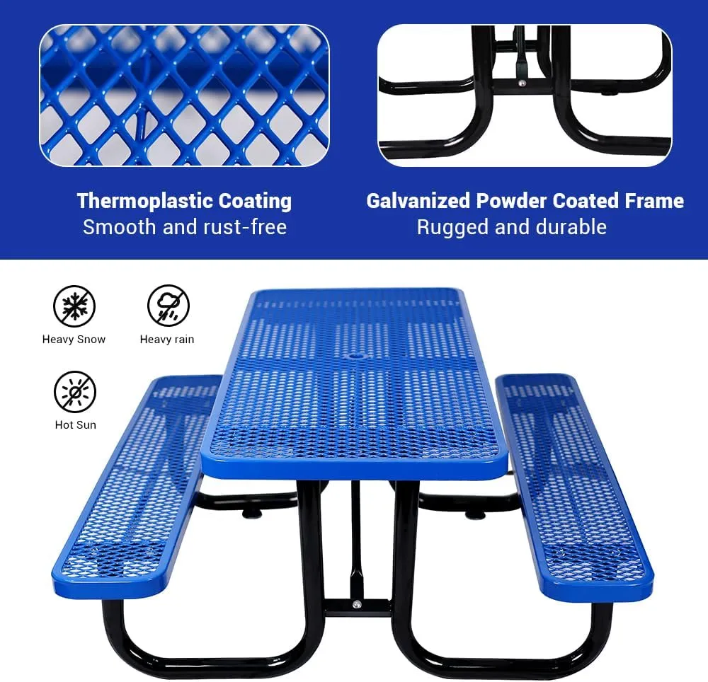 72" Rectangular Thermoplastic Steel Commercial Picnic Table for Outdoor Dining Table for School, Heavy Duty Camping Table with Umbrella Hole up to 1.5", Blue