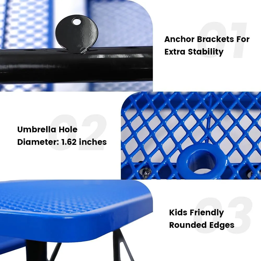 72" Rectangular Thermoplastic Steel Commercial Picnic Table for Outdoor Dining Table for School, Heavy Duty Camping Table with Umbrella Hole up to 1.5", Blue