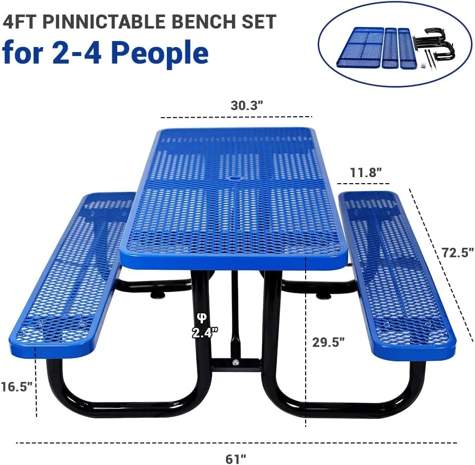 72" Rectangular Thermoplastic Steel Commercial Picnic Table for Outdoor Dining Table for School, Heavy Duty Camping Table with Umbrella Hole up to 1.5", Blue