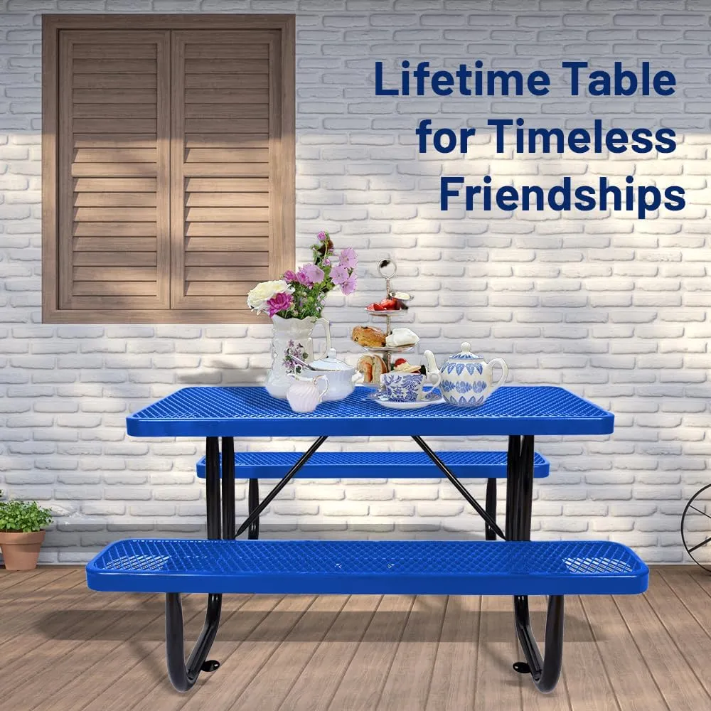 72" Rectangular Thermoplastic Steel Commercial Picnic Table for Outdoor Dining Table for School, Heavy Duty Camping Table with Umbrella Hole up to 1.5", Blue