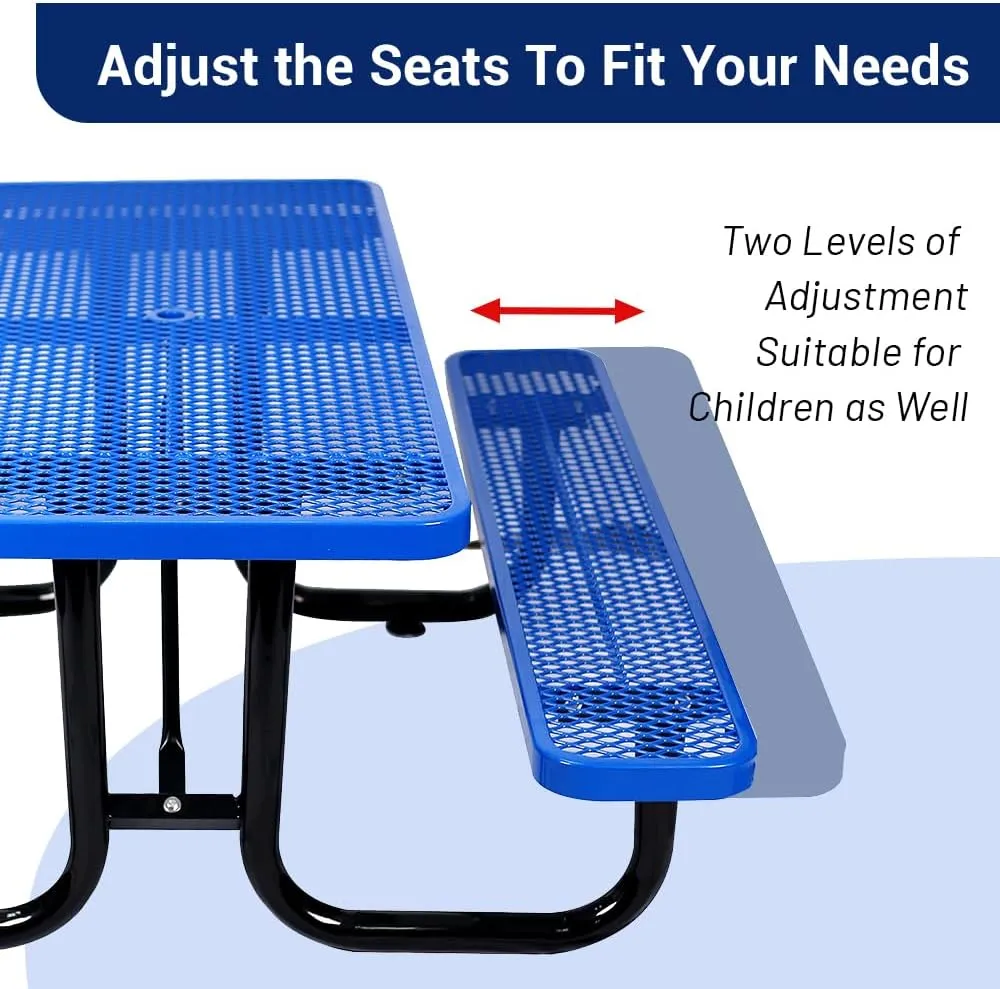 72" Rectangular Thermoplastic Steel Commercial Picnic Table for Outdoor Dining Table for School, Heavy Duty Camping Table with Umbrella Hole up to 1.5", Blue