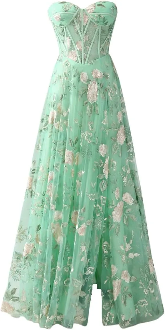 A-line Floral Embroidered Tulle Strapless Dress 2024 Corset Split Dress Spaghetti Strap Cocktail Dresses