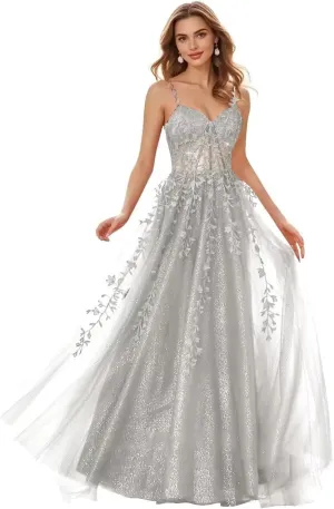 A Line Spaghetti Straps Satin Formal Evening Prom Dress for Women Lace Appliques Wedding Party Dress with Slit
