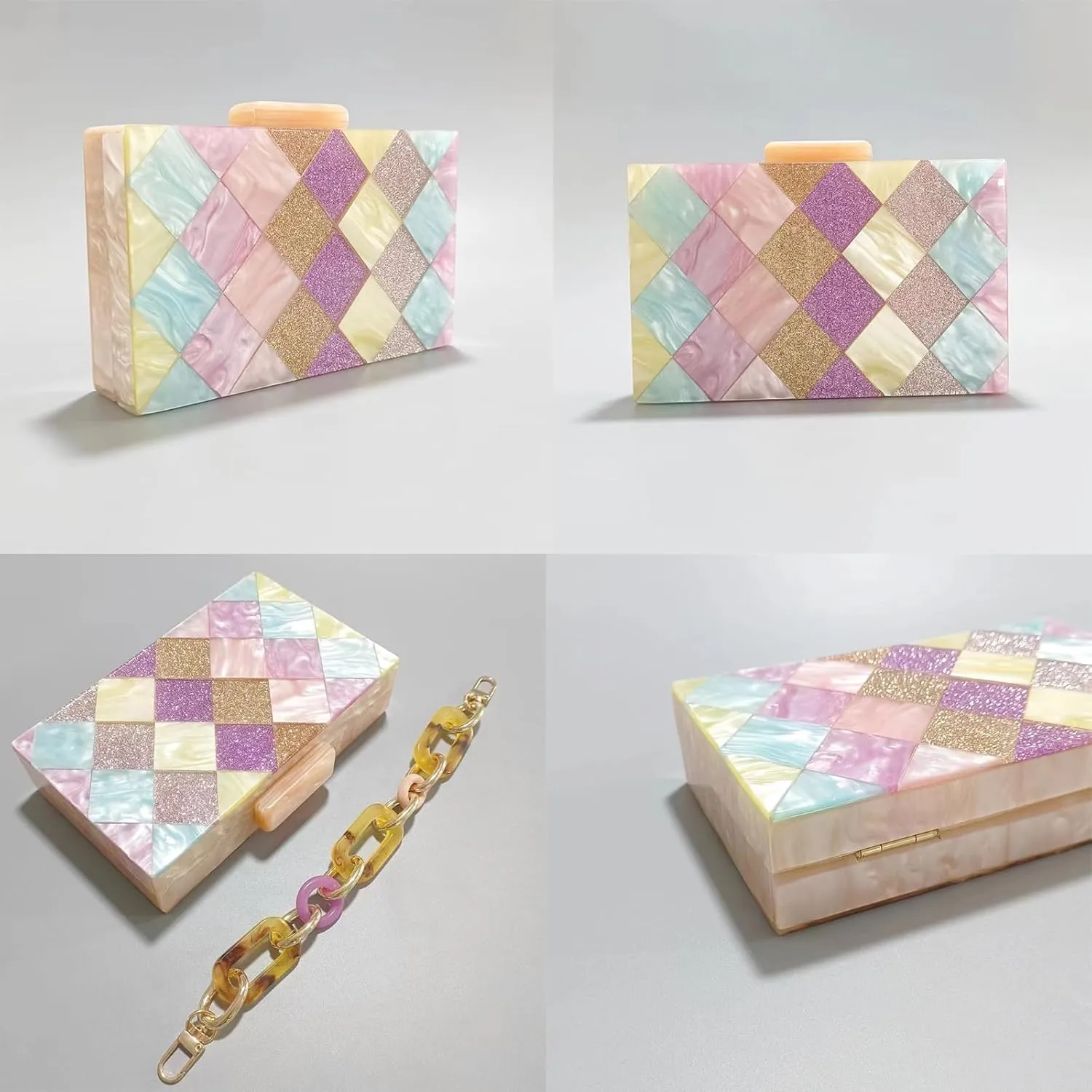 Acrylic Clutch Purse for Women Colorful Evening Handbag Geometric Marbling Box Bag with Detachable Chain