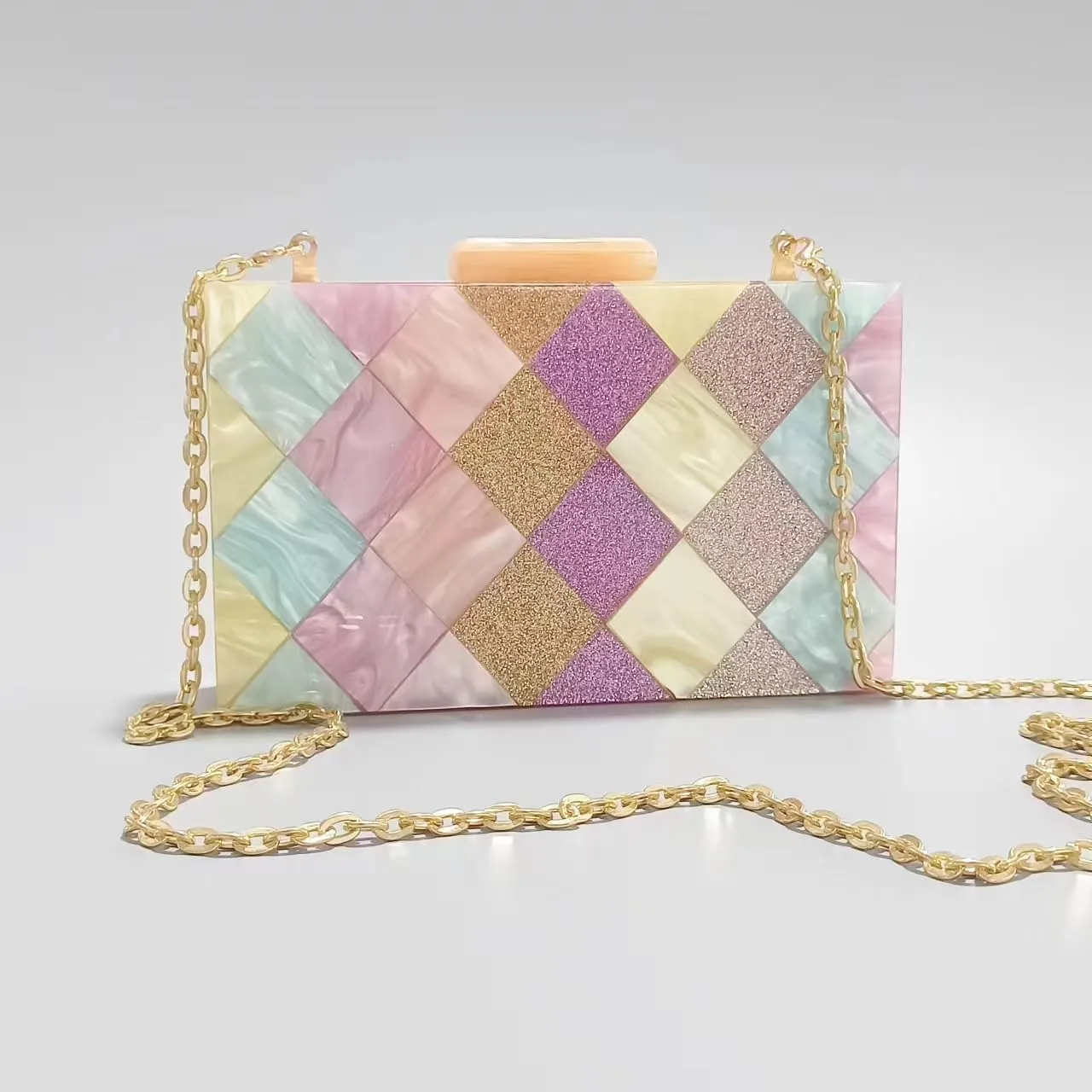 Acrylic Clutch Purse for Women Colorful Evening Handbag Geometric Marbling Box Bag with Detachable Chain