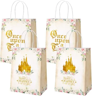 AIBIIN 24 Pcs Once Upon a Time Party Favor Bags, Pink Floral Gold Castle Princess Fairytale Birthday Party Bags Girls First Birthday Treat Bags with Handles Candy Goodie Bags for Girls Birthday Party Supplies