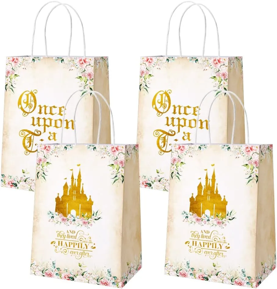 AIBIIN 24 Pcs Once Upon a Time Party Favor Bags, Pink Floral Gold Castle Princess Fairytale Birthday Party Bags Girls First Birthday Treat Bags with Handles Candy Goodie Bags for Girls Birthday Party Supplies