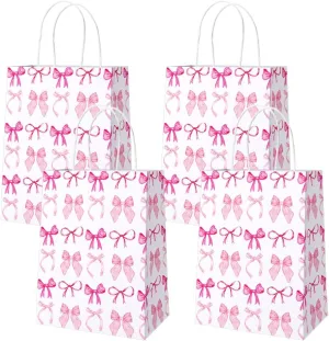 AIBIIN 24 Pcs Pink Bow Paper Gift Bags for Girls, Coquette Birthday Party Favor Bags with Handles Candy Bags for Pink Bridal Engagement Party Supplies