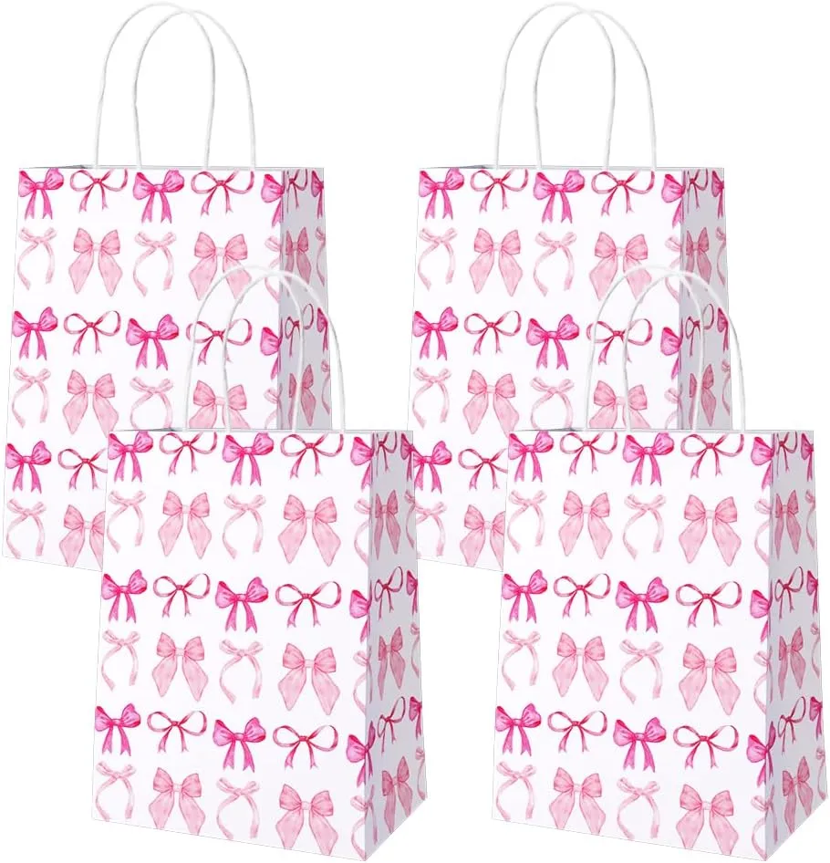 AIBIIN 24 Pcs Pink Bow Paper Gift Bags for Girls, Coquette Birthday Party Favor Bags with Handles Candy Bags for Pink Bridal Engagement Party Supplies