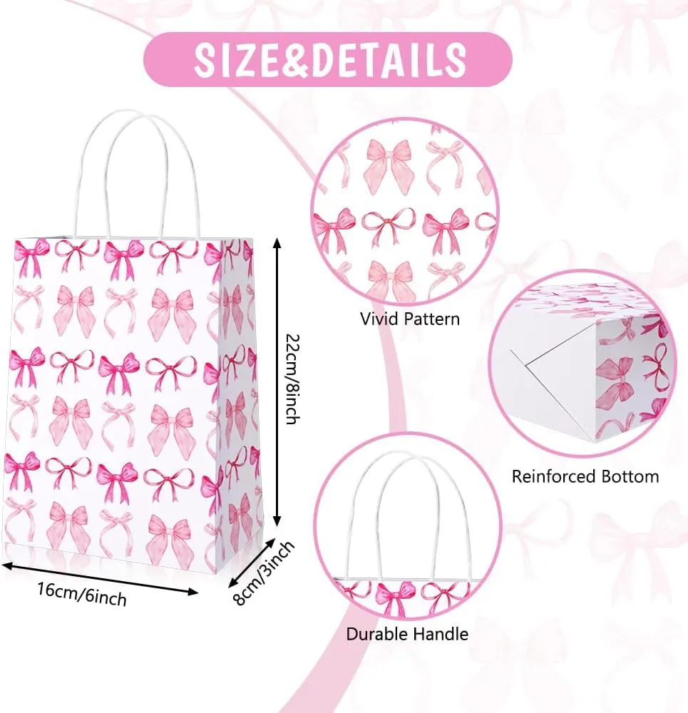AIBIIN 24 Pcs Pink Bow Paper Gift Bags for Girls, Coquette Birthday Party Favor Bags with Handles Candy Bags for Pink Bridal Engagement Party Supplies