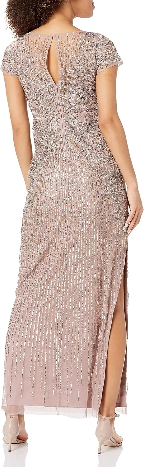 Aidan Mattox Women's Short Sleeve Beaded Illusion Yoke Column Gown