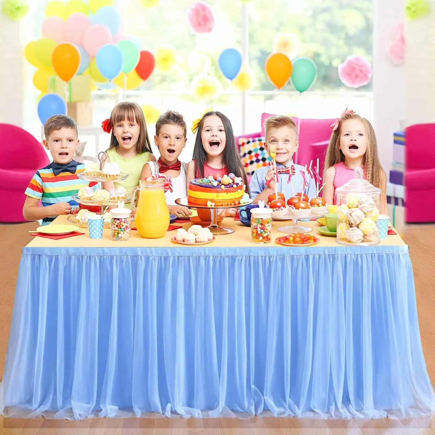 Albassa Blue Tulle Table Skirt for 14FT Rectangle or Round Tables Tutu Table Skirt for Birthday Party, Baby Shower, Cake Dessert Buffet Table Decorations(L14(ft)*H 30in)