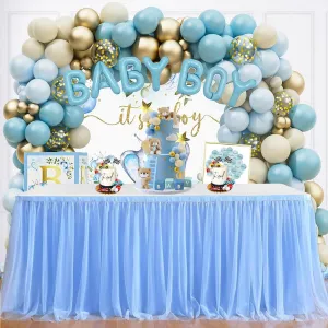 Albassa Blue Tulle Table Skirt for 14FT Rectangle or Round Tables Tutu Table Skirt for Birthday Party, Baby Shower, Cake Dessert Buffet Table Decorations(L14(ft)*H 30in)