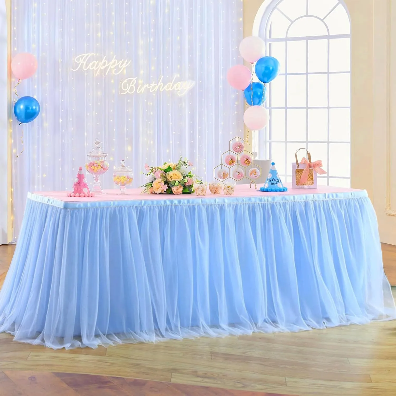 Albassa Blue Tulle Table Skirt for 14FT Rectangle or Round Tables Tutu Table Skirt for Birthday Party, Baby Shower, Cake Dessert Buffet Table Decorations(L14(ft)*H 30in)