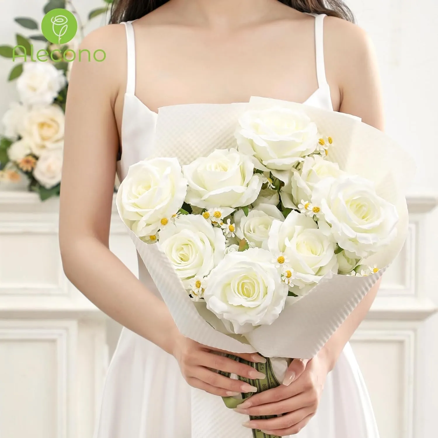 Alecono 20pcs Fake Roses, 4in Big Velvet Flower Head White Roses Artificial Flowers with Stems for Wedding Decorations, Silk Roses Bulk for Home Decor