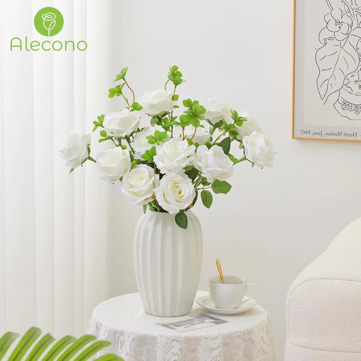 Alecono 20pcs Fake Roses, 4in Big Velvet Flower Head White Roses Artificial Flowers with Stems for Wedding Decorations, Silk Roses Bulk for Home Decor
