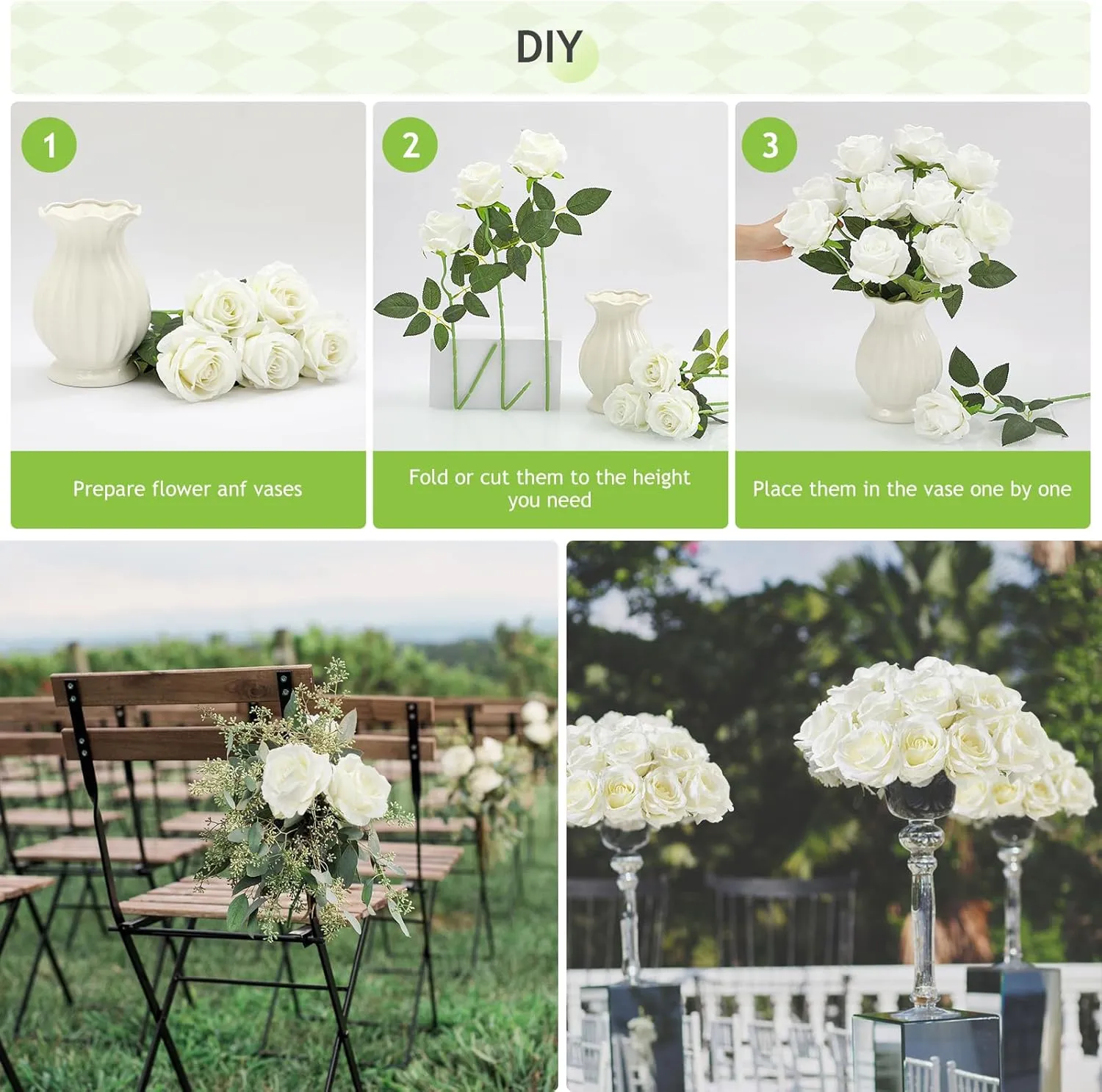 Alecono 20pcs Fake Roses, 4in Big Velvet Flower Head White Roses Artificial Flowers with Stems for Wedding Decorations, Silk Roses Bulk for Home Decor