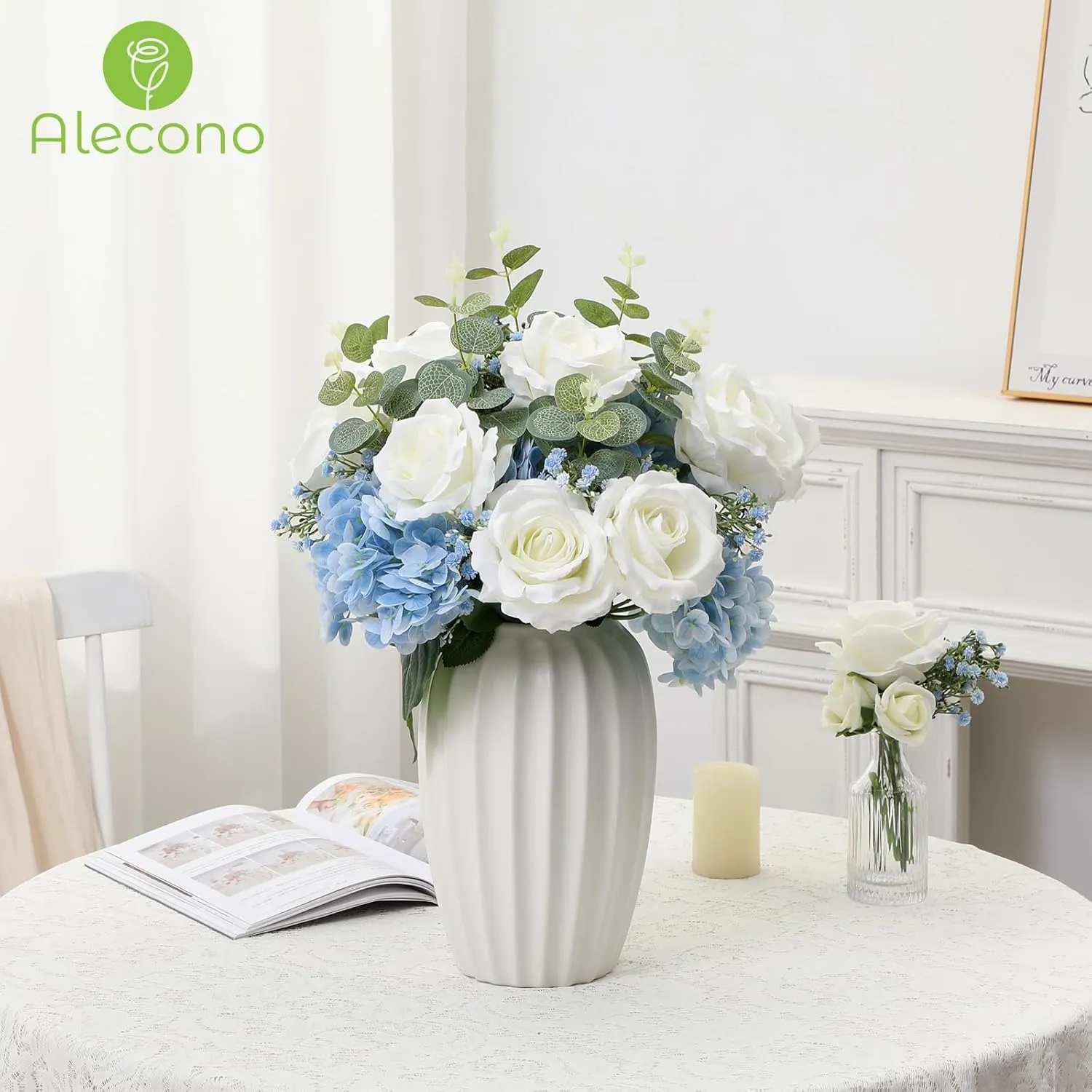 Alecono 20pcs Fake Roses, 4in Big Velvet Flower Head White Roses Artificial Flowers with Stems for Wedding Decorations, Silk Roses Bulk for Home Decor