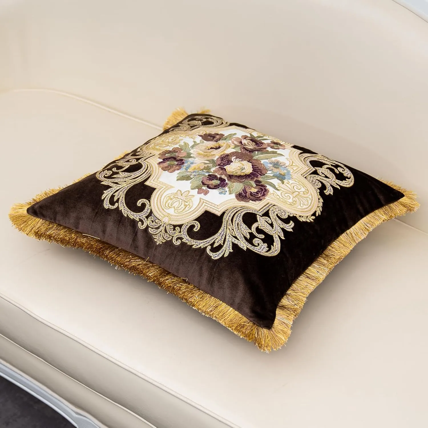 Alerfa Floral Velvet Throw Pillow Cover with Tassel 20 x 20 Inch, European Embroidered Decorative Pillow Cover for Couch Living Room Bedroom Car, Brown