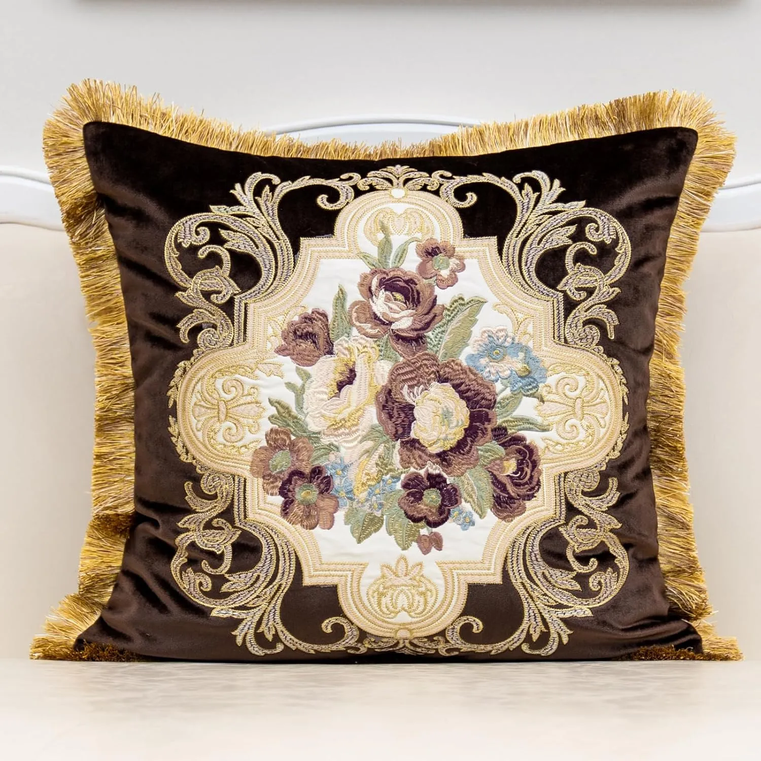Alerfa Floral Velvet Throw Pillow Cover with Tassel 20 x 20 Inch, European Embroidered Decorative Pillow Cover for Couch Living Room Bedroom Car, Brown