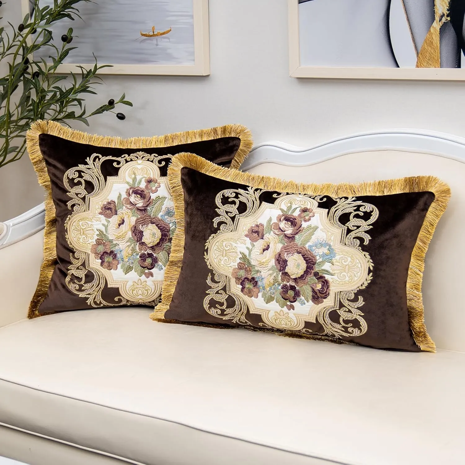 Alerfa Floral Velvet Throw Pillow Cover with Tassel 20 x 20 Inch, European Embroidered Decorative Pillow Cover for Couch Living Room Bedroom Car, Brown